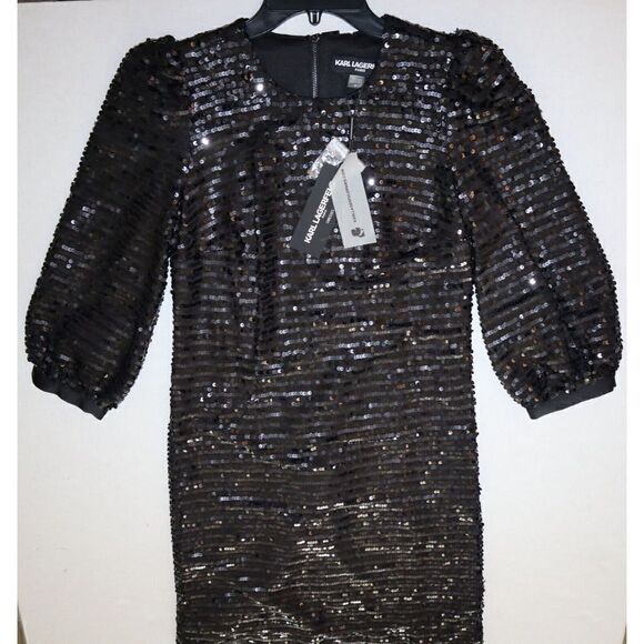 Karl Lagerfeld LD1IO134 Women's Sz 0 Black Sequin Puff Sleeve Shift Dress - Picture 10 of 10